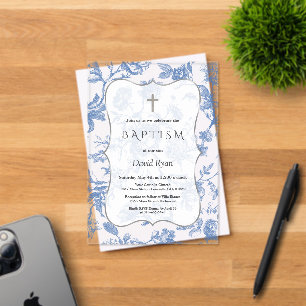 Vintage French Blue Toile Flowers Girl Baptism Acrylic Invitations