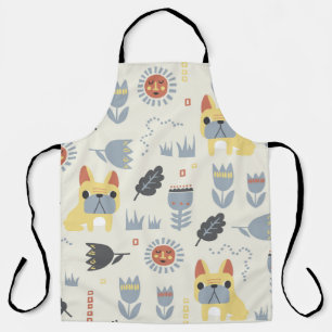 vintage French bulldog and Scandinavian flower ill Apron