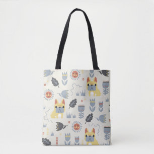 vintage French bulldog and Scandinavian flower ill Tote Bag