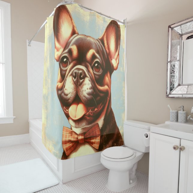 Vintage French Bulldog Painting Portrait Shower Curtain (In Situ)