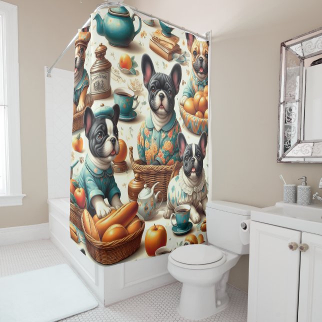 Vintage French Bulldog Seamless Shower Curtain (In Situ)