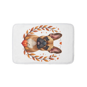 Vintage French Bulldog with Autumn Leaf Wreath and Bath Mat