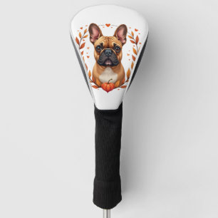Vintage French Bulldog with Autumn Leaf Wreath and Golf Head Cover