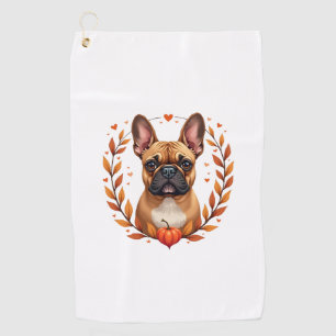 Vintage French Bulldog with Autumn Leaf Wreath and Golf Towel