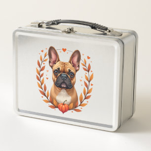 Vintage French Bulldog with Autumn Leaf Wreath and Metal Lunch Box