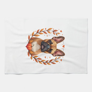 Vintage French Bulldog with Autumn Leaf Wreath and Tea Towel