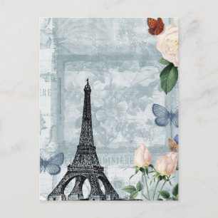 Vintage French Butterflies and Roses Postcard