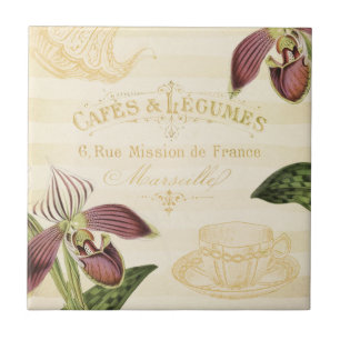 Vintage French Cafe Ad with Orchids Ceramic Tile