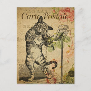 Vintage French Cat Playing the Violin Postcard