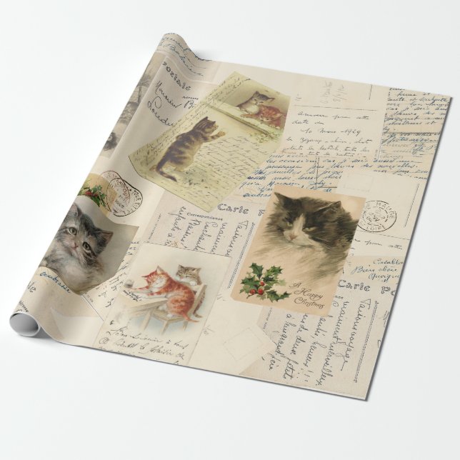 Vintage French Cat Postcard Christmas Holly Wrapping Paper (Unrolled)