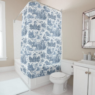 Vintage French Chariot of Dawn Toile de Jouy-Blue Shower Curtain