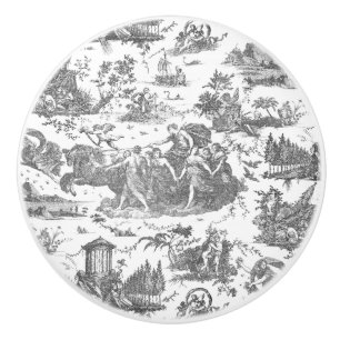 Vintage French Chariot of Dawn Toile de Jouy-Grey Ceramic Knob