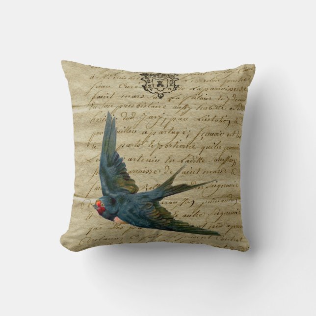 Vintage French Chic Bird Print Flying Swallow Cushion (Front)