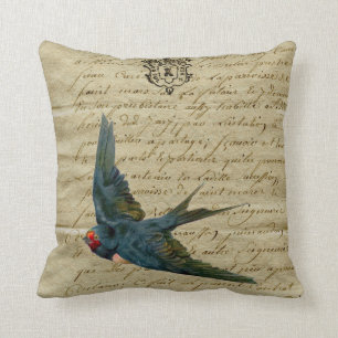 Vintage French Chic Bird Print Flying Swallow Cushion