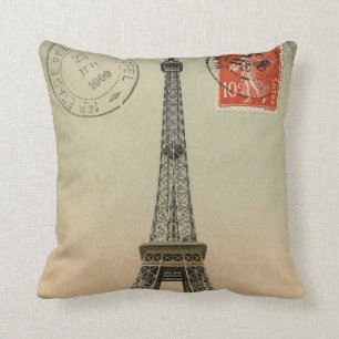 Vintage French Chic Eiffel Tower Paris Postcard Cushion