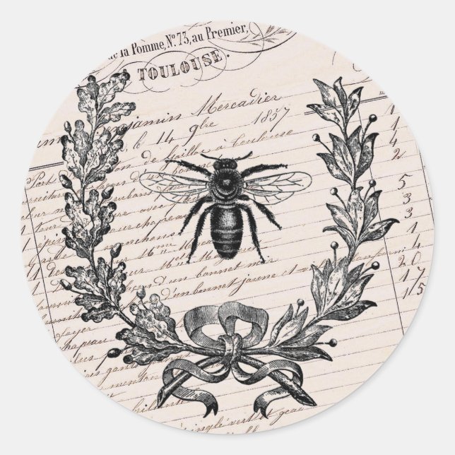 Vintage French Chic Honey Bee Classic Round Sticker (Front)