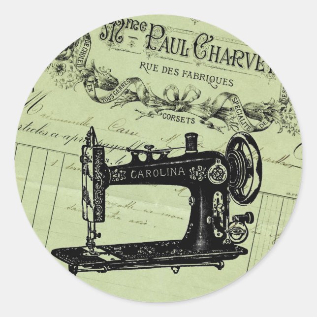 Vintage French Chic Sewing machine Classic Round Sticker (Front)