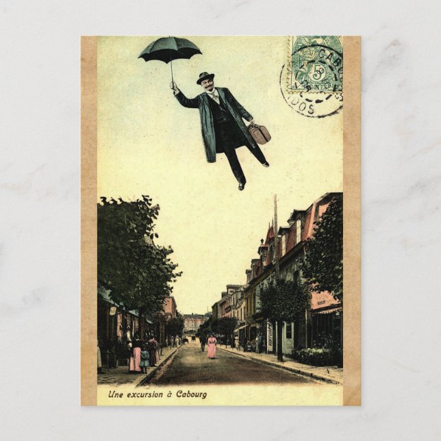 Vintage French Chic Umbrella Flying Man Postcard (Front)