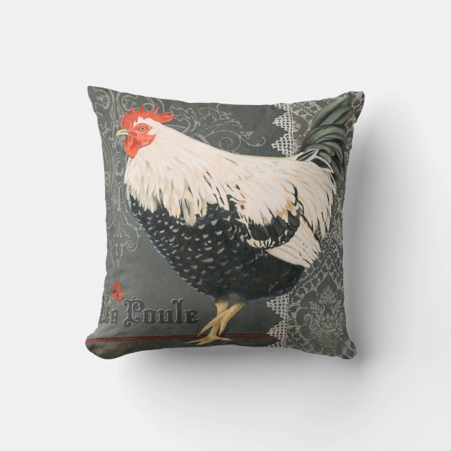 Vintage French Chicken pillow greys blacks creams (Front)