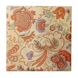 Vintage French Chintz Floral Antique Terracotta Ceramic Tile