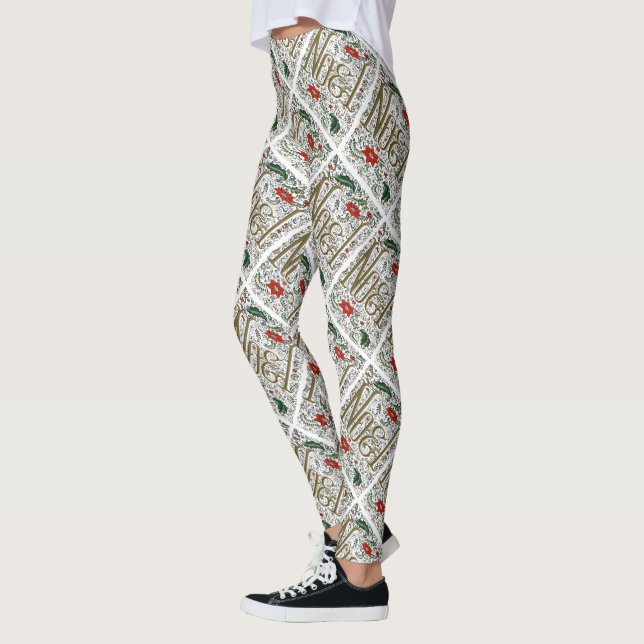 vintage french christmas poinsettia joyeux noel leggings (Left)