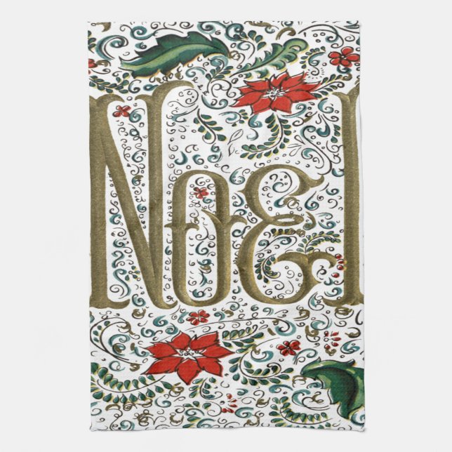 vintage french christmas poinsettia joyeux noel tea towel (Vertical)
