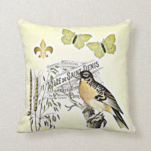 Vintage French Collage Bird Butterfly Fleur Cushion