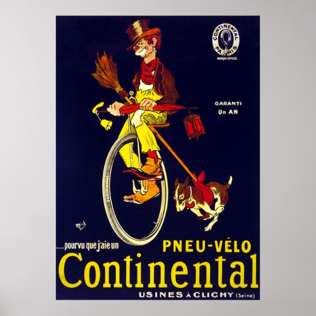 Vintage French Continental Bicycle Tire Clown Poster (Front)