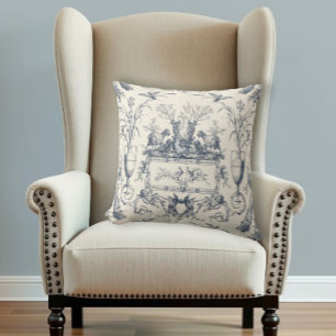 Vintage French Country Blue Toile Bird Sheep Goats Cushion