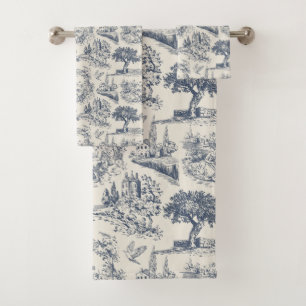  Vintage French Country "Blue Toile de Jouy " Bath Towel Set