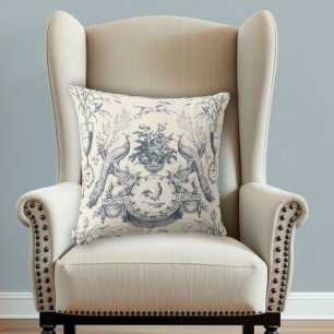Vintage French Country Blue Toile Peacock Farm Cushion