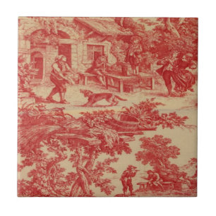 Vintage French Country Red CreamToile Ceramic Tile
