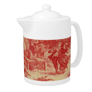 Vintage French Country Red Toile Print Teapot