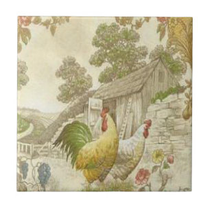 Vintage French Country Rooster/Hen Ceramic Tile