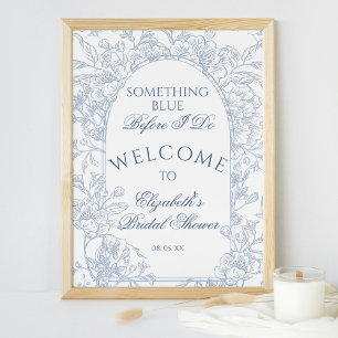 Vintage French Dusty Blue Floral Toile Welcome Poster