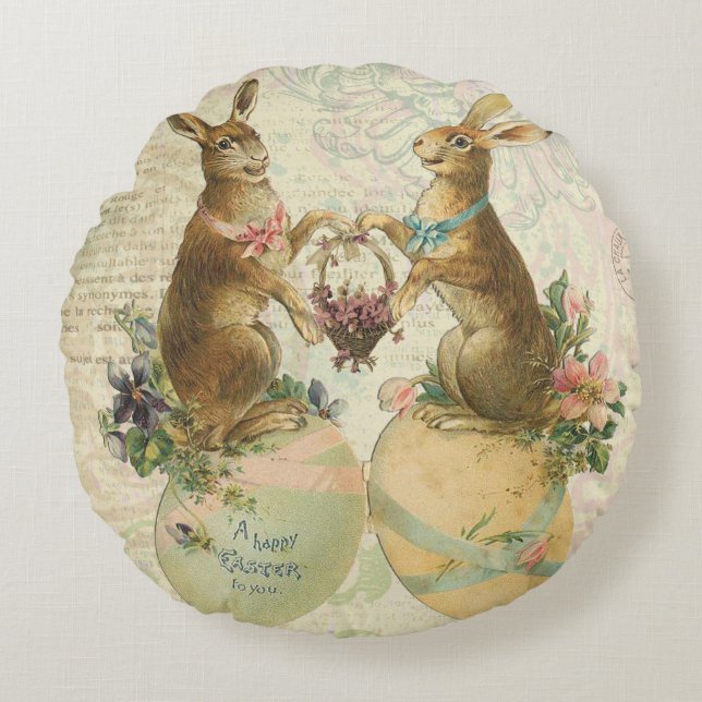 Vintage French Easter bunnies Round Cushion (Front)