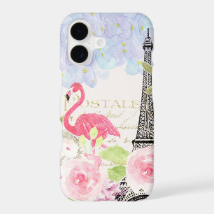 Vintage french Eiffel Tower cute flamingo flowers