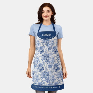 Vintage French Engraved Floral Toile Blue White Apron