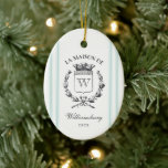 Vintage French Family Crest Aqua Grain Sack Stripe Ceramic Ornament<br><div class="desc">Celebrate the season with this chic, French inspired, vintage family crest monogram flanked by soft aqua blue ticking stripes giving it a real rustic country feel. Christmas tree ornament. Personalise it with your surname, letter, year and a family photo on the back for an extra special touch. Makes an ideal...</div>