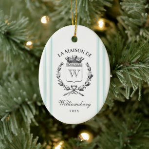 Vintage French Family Crest Aqua Grain Sack Stripe Ceramic Ornament