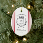 Vintage French Family Crest Red Grain Sack Stripe Ceramic Ornament<br><div class="desc">Celebrate the season with this chic, French inspired, vintage family crest monogram flanked by classic holiday red ticking stripes giving it a real rustic country feel. Christmas tree ornament. Personalise it with your surname, letter, year and a family photo on the back for an extra special touch. Makes an ideal...</div>