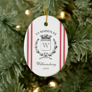 Vintage French Family Crest Red Grain Sack Stripe Ceramic Ornament