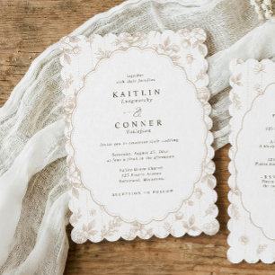 Vintage French Floral Beige Tan Lace Oval Wedding Invitation