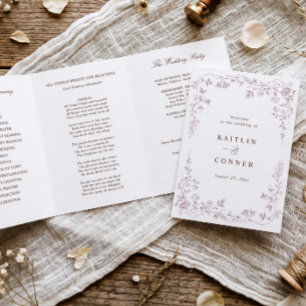 Vintage French Floral Dusty Rose Pink Wedding Tri-Fold Programme
