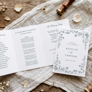 Vintage French Floral Emerald Green Toile Wedding Tri-Fold Programme