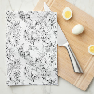 Vintage French Floral Fantasy Toile-Black Tea Towel