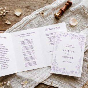 Vintage French Floral Lavender Purple Wedding Tri-Fold Programme