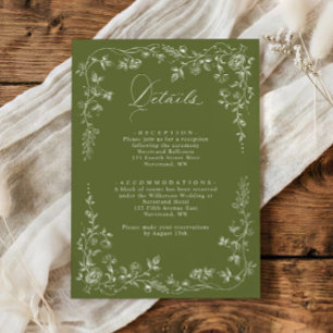 Vintage French Floral Olive Green Wedding Details Enclosure Card
