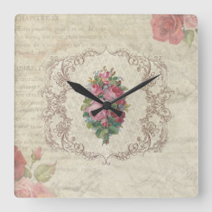 Vintage French Floral Postcard Square Wall Clock