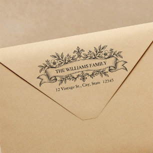 Vintage French Floral Ribbon Return Address Rubber Stamp